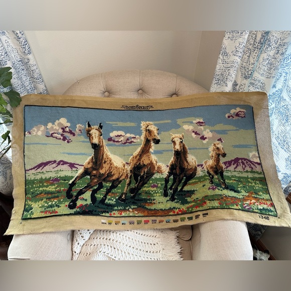 Vintage running wild horses large needlepoint tapestry 18” x 38” - Picture 1 of 14